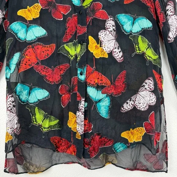 Alice & Olivia Blouse Womens Medium Black Sheila Button Up Butterflies Sheer Top - Picture 3 of 14